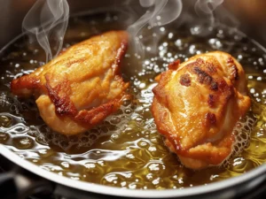 Two golden-brown and crispy coated chicken fillets deep-frying in a pot of hot, bubbling oil, with steam rising as they cook.