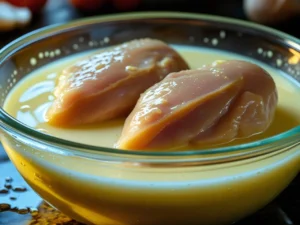 Two pounded chicken breasts marinating in a creamy buttermilk mixture inside a clear glass bowl, a key step for making them tender and juicy.