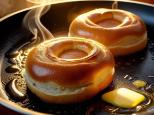 Two soft, golden-brown brioche bun halves being toasted face-down in a hot non-stick pan with melted butter, with steam rising.