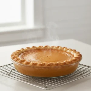 A freshly baked homemade pumpkin pie steaming gently as it cools on a wire rack, allowing the rich pumpkin custard filling to set.