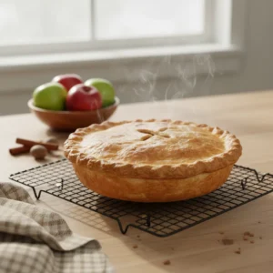A freshly baked apple pie from scratch cooling and steaming on a black wire rack, allowing the delicious apple pie filling recipe to set properly.