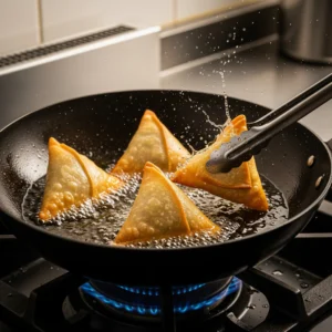 An action shot of several triangular samosas being deep-fried to a perfect golden-brown in a wok of hot, bubbling oil, with a pair of tongs lifting one out.
