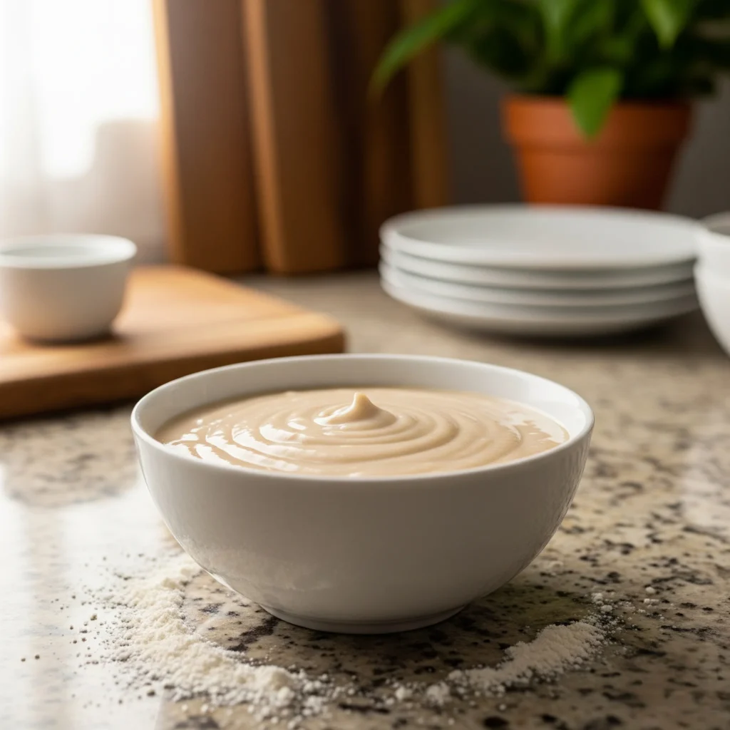 A small white bowl filled with a smooth, thick flour and water paste, used as an edible glue to seal the edges of samosas, on a kitchen countertop.