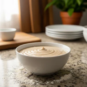 A small white bowl filled with a smooth, thick flour and water paste, used as an edible glue to seal the edges of samosas, on a kitchen countertop.