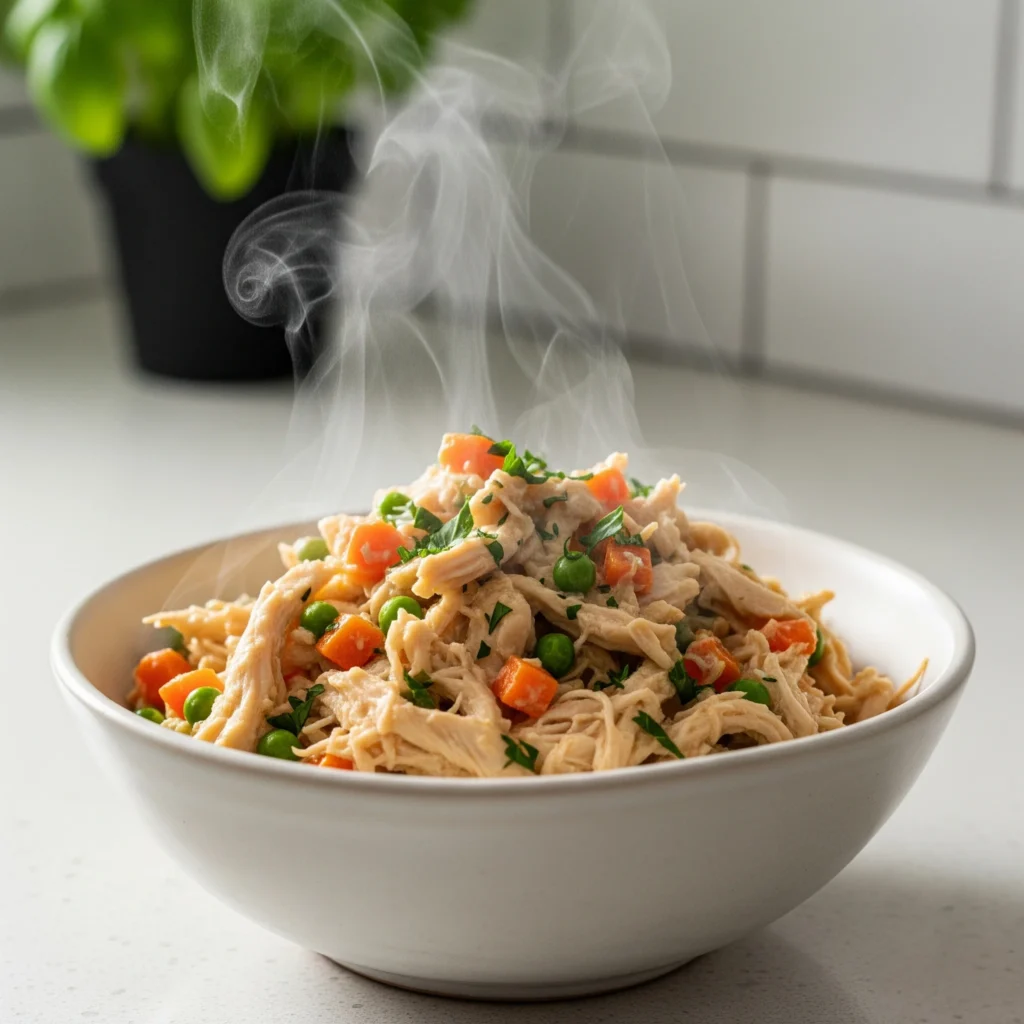 A white ceramic bowl filled with the hot, steaming, cooked filling for chicken samosas, containing shredded chicken, diced carrots, green peas, and fresh herbs.