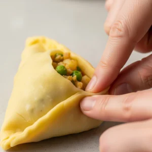 A close-up of hands pinching the final edge to seal a homemade samosa made with soft dough, showing the classic potato and pea filling inside.