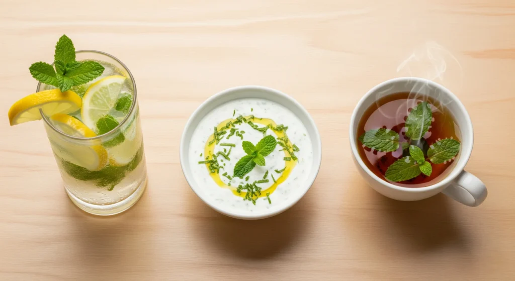 Three easy ways to use fresh mint, showing a glass of mint lemonade, a bowl of mint raita, and a cup of hot mint tea, all demonstrating the versatile **benefits of mint**.