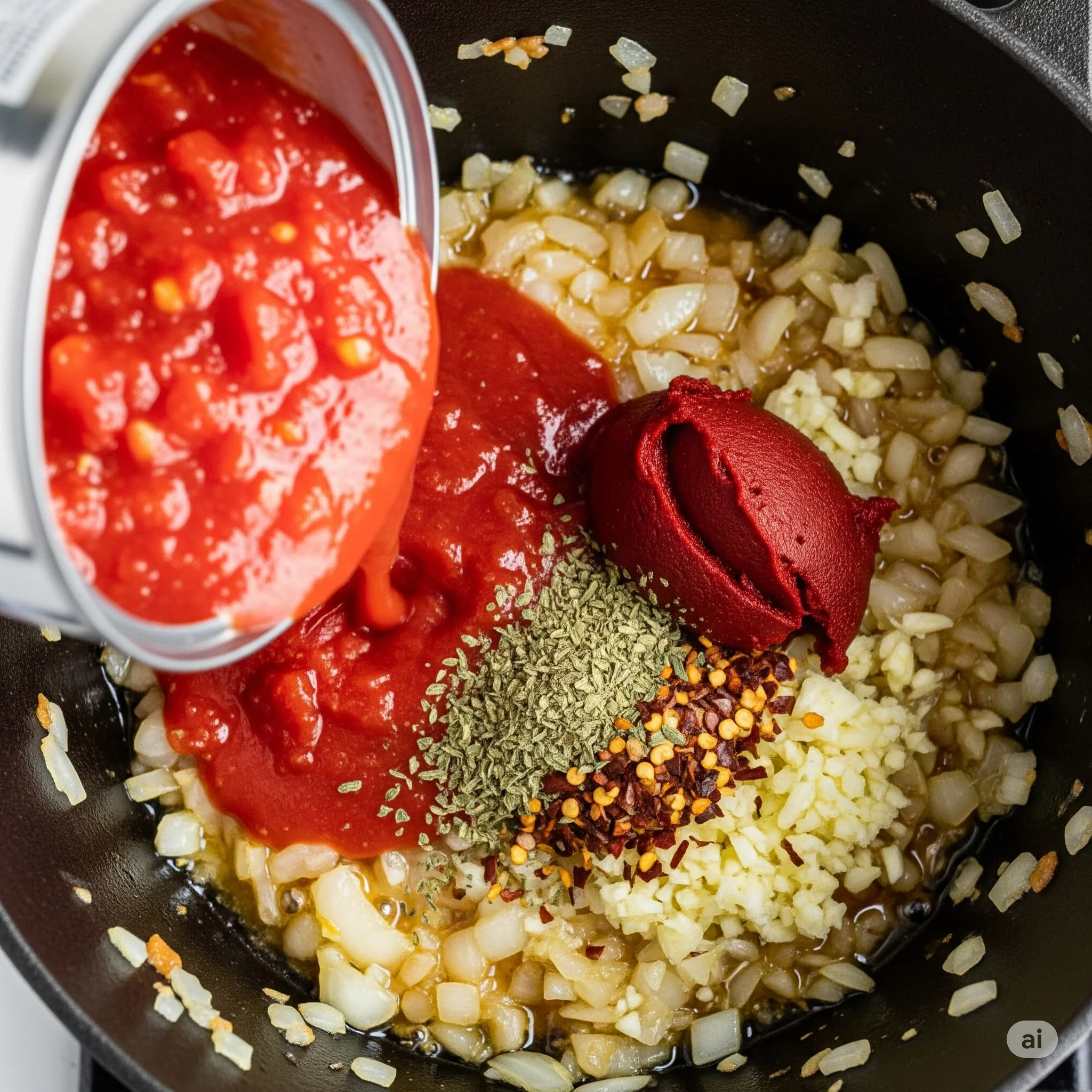 Making the sauce for Italian meatballs: Canned diced tomatoes, tomato paste, and herbs are added to a pot of sautéed onions and garlic.