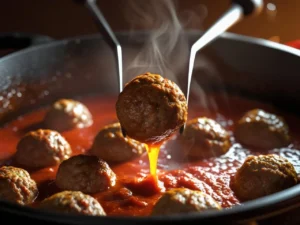 A close-up of a perfectly browned Italian meatball being gently lowered by tongs into a dark pot of rich, simmering tomato sauce with other meatballs.
