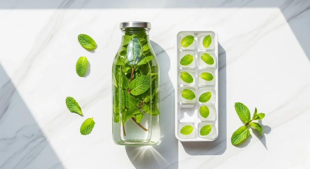 A flat lay on a marble surface showing two ways to enjoy the **benefits of mint**: a glass bottle of mint-infused water and an ice cube tray with fresh mint leaves frozen into ice cubes.