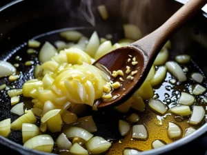 The first step in making the sauce for Italian meatballs: chopped onions and garlic are sautéed until soft and translucent in a dark cast-iron pot.