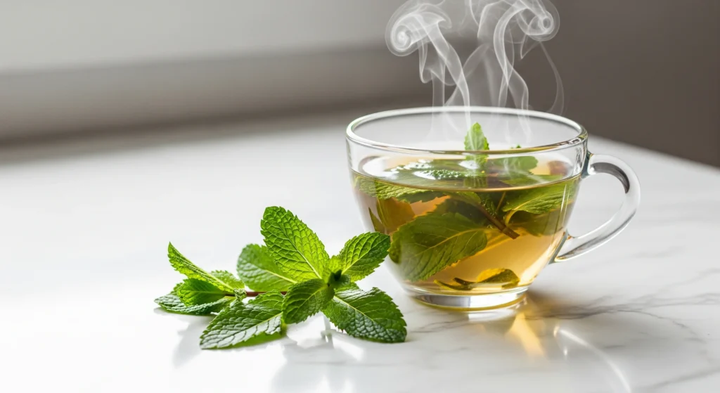 A clear glass teacup of steaming hot, fresh mint tea on a white marble countertop, a simple way to enjoy the many health **benefits of mint**.