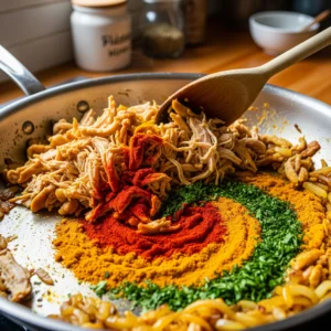 A close-up of a frying pan with shredded chicken, vibrant piles of red chili powder and yellow turmeric, and fresh cilantro being mixed into sautéed onions with a wooden spoon.