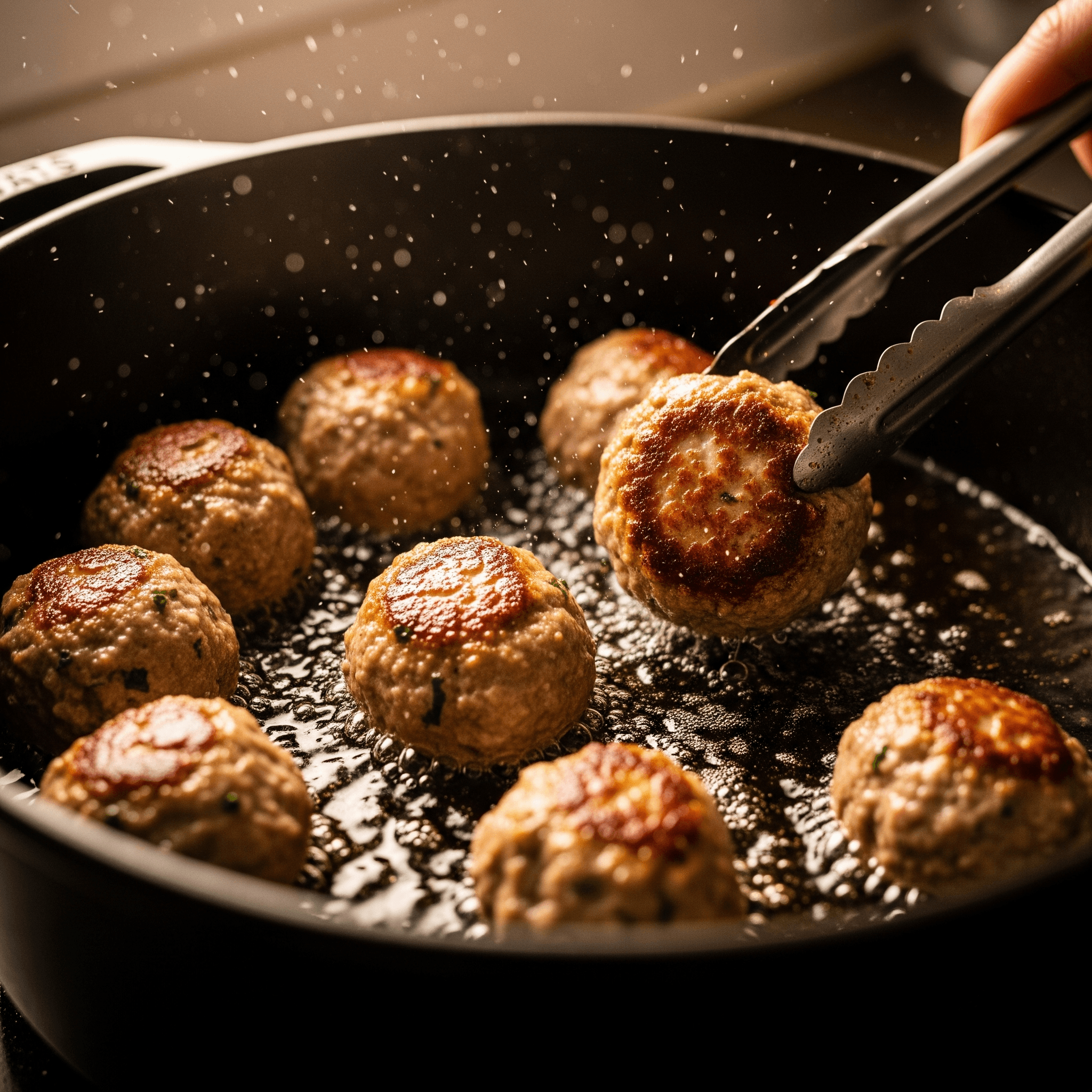 A close-up of homemade **Italian meatballs** being pan-fried to a perfect golden-brown crust in a sizzling skillet, with a pair of tongs lifting one up.
