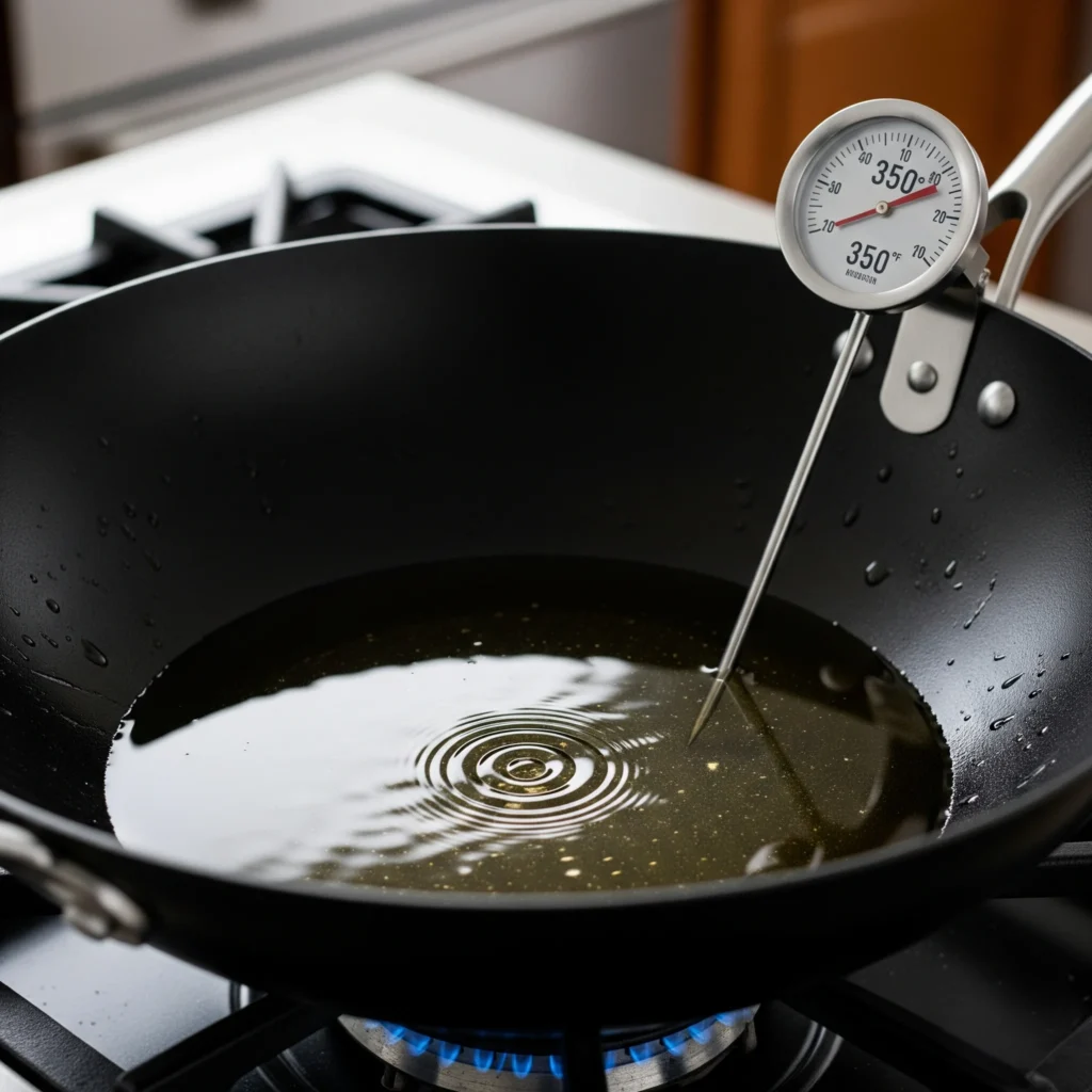 A black wok filled with cooking oil being heated on a gas stove, with a deep-fry thermometer clipped to the side showing the oil has reached the perfect temperature of 350°F.