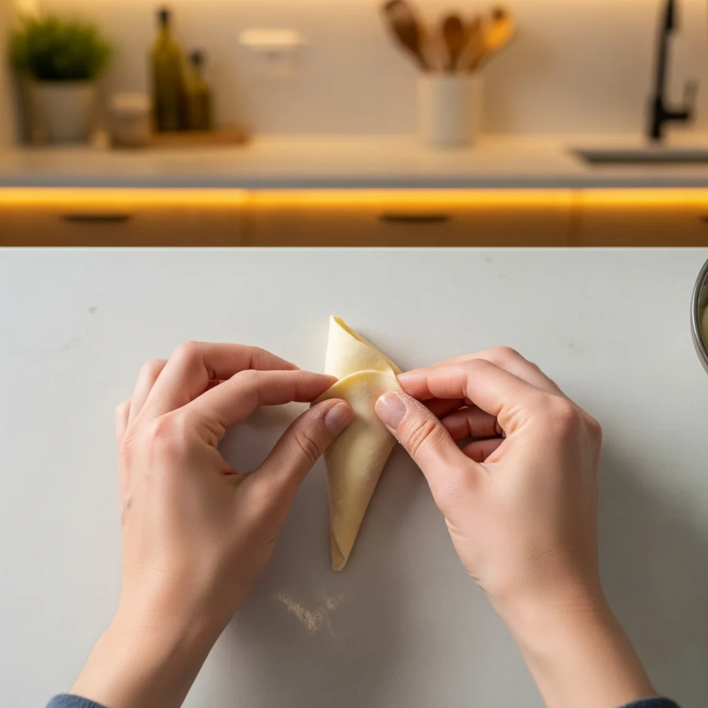 A top-down view of a pair of hands carefully folding a flat samosa pastry wrapper into a cone shape on a clean white countertop before adding the filling.