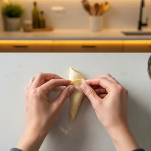 A top-down view of a pair of hands carefully folding a flat samosa pastry wrapper into a cone shape on a clean white countertop before adding the filling.