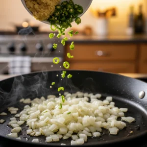 An action shot of chopped green chilies and ginger-garlic paste being added from a white bowl into a hot frying pan with sizzling translucent onions.