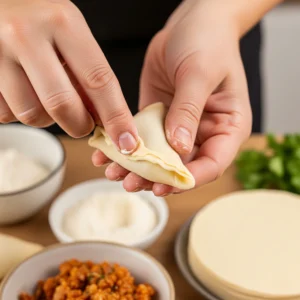 A close-up of a pair of hands carefully crimping and sealing the edge of a filled chicken samosa to create a decorative, secure closure before frying.