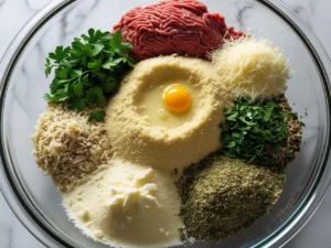 A top-down view of a large glass bowl with all the ingredients for homemade meatballs arranged neatly, including ground meat, breadcrumbs, a raw egg, parmesan cheese, and fresh and dried herbs.