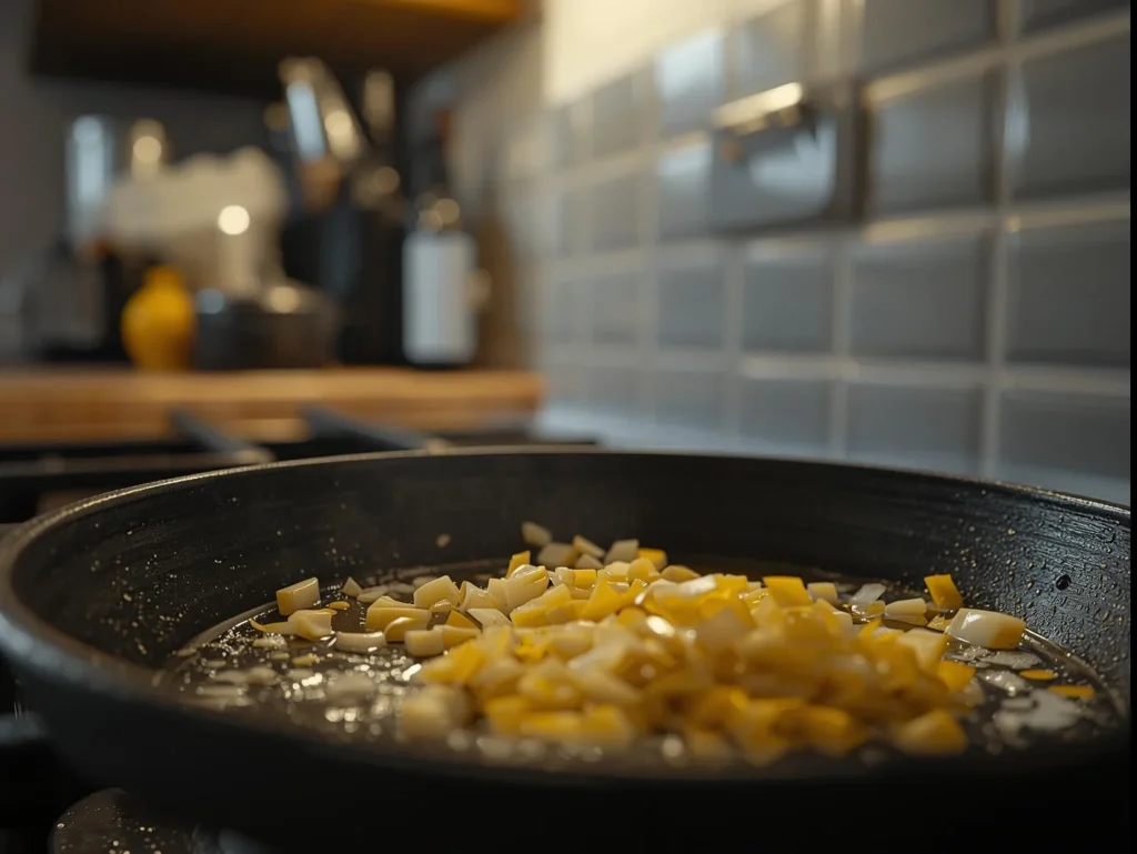 A close-up shot of finely chopped onions sizzling in hot oil in a dark frying pan, becoming soft and translucent to create the flavor base for a samosa filling.