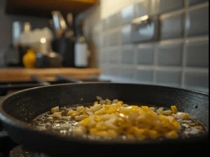 A close-up shot of finely chopped onions sizzling in hot oil in a dark frying pan, becoming soft and translucent to create the flavor base for a samosa filling.