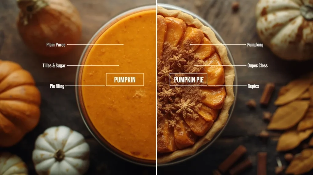 A collage showing a cozy fall day menu, featuring a slice of pumpkin bread for morning, a pumpkin spice latte for afternoon, a bowl of pumpkin soup for dinner, and a slice of pumpkin pie for dessert.