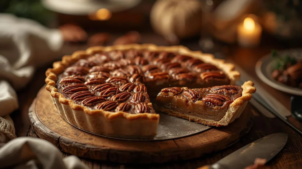 A close-up of a freshly baked homemade pecan pie on a rustic wooden board, with one slice cut out to show the perfectly set, gooey pecan pie filling and flaky golden crust.