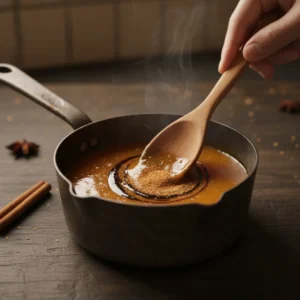 A wooden spoon stirring pumpkin pie spice into a saucepan of hot, steaming pumpkin syrup, creating the base for a pumpkin spice coffee recipe.