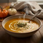 A steaming bowl of creamy roasted pumpkin soup garnished with a cream swirl, pumpkin seeds, and chives, surrounded by mini pumpkins and autumn leaves on a rustic wooden table.