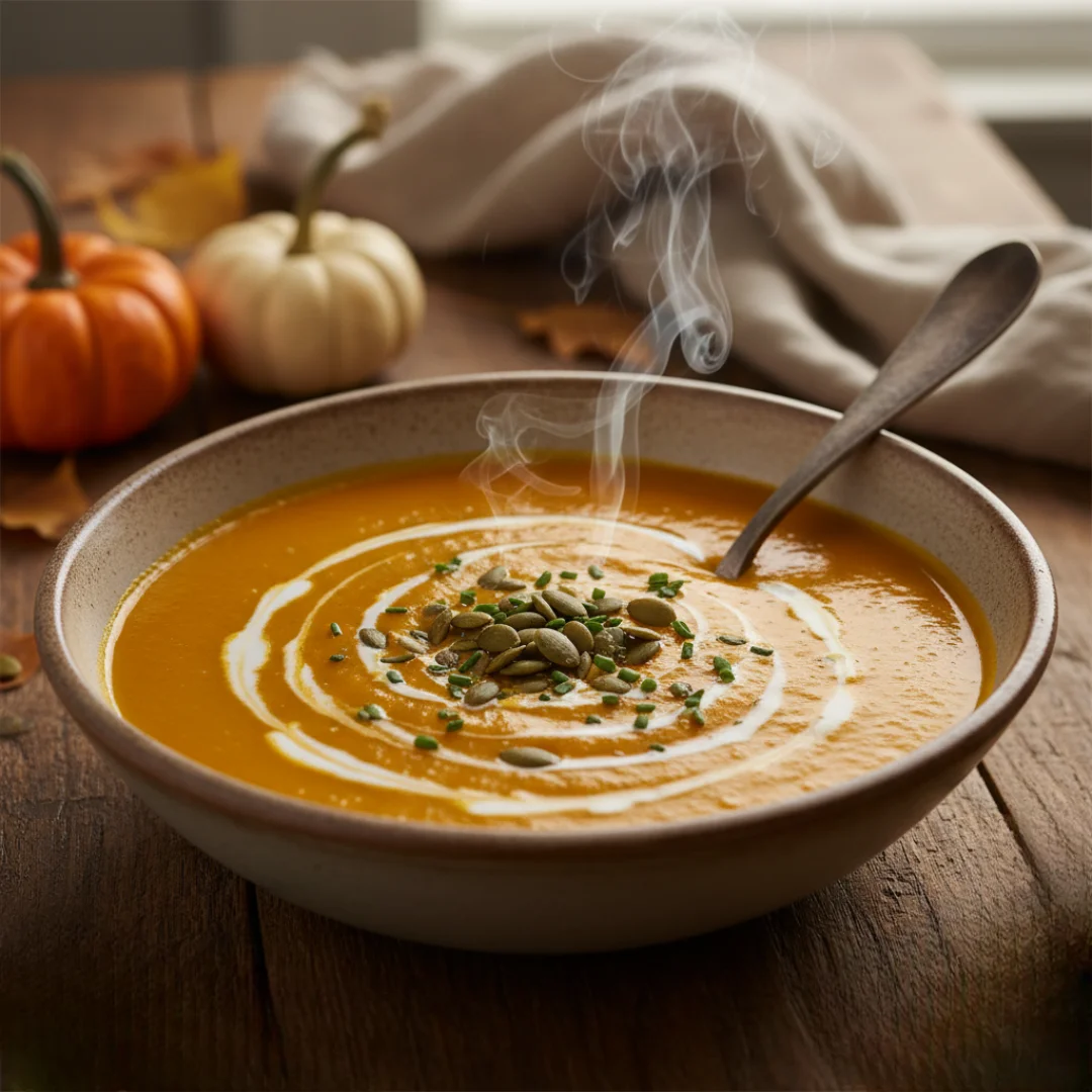 A steaming bowl of creamy roasted pumpkin soup garnished with a cream swirl, pumpkin seeds, and chives, surrounded by mini pumpkins and autumn leaves on a rustic wooden table.