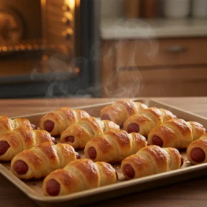 A baking sheet of freshly baked, steaming hot mummy dogs, with the crescent roll dough puffed and golden brown, sitting on a counter in front of an oven.