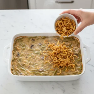 A hand sprinkling crispy fried onions from a small white bowl over a hot, bubbling homemade green bean casserole in a white baking dish.
