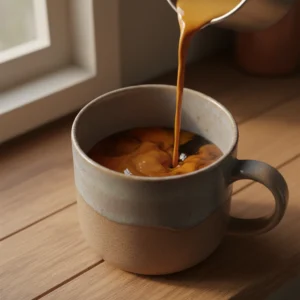 Pouring a creamy liquid into a mug of hot espresso, combining the coffee and syrup to make a homemade pumpkin spice latte.
