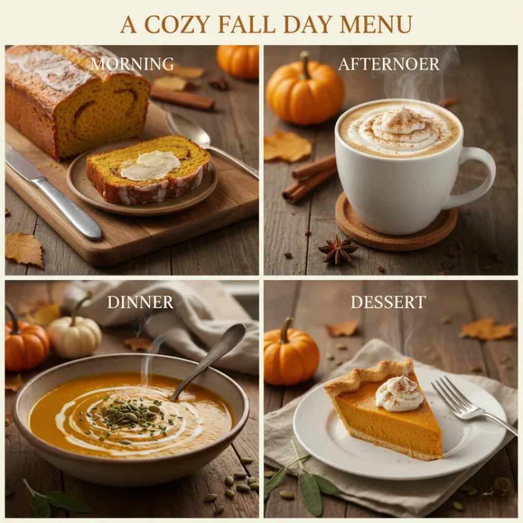 A cozy, candle-lit dinner table set with delicious fall dinner dishes, including a bowl of creamy pumpkin soup and a hearty pasta dish.