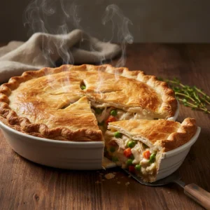 A steaming hot, golden-brown homemade chicken pot pie recipe with a flaky crust, with one slice being lifted out to show the creamy chicken and vegetable filling.