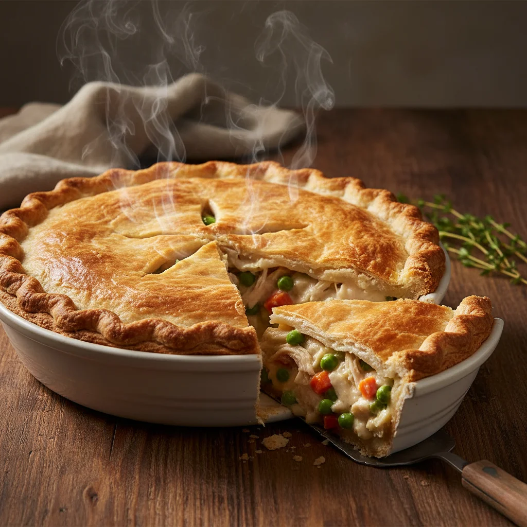 A steaming hot, golden-brown homemade chicken pot pie recipe with a flaky crust, with one slice being lifted out to show the creamy chicken and vegetable filling.