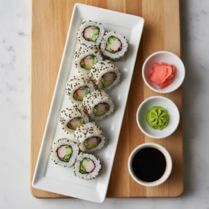 Sushi rolls served on a rectangular white plate with soy sauce, wasabi, and pickled ginger homemade sushi recipe.