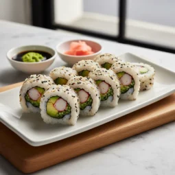 Sushi recipe with crab, avocado, and cucumber rolls served with soy sauce, wasabi, and pickled ginger on a white plate.