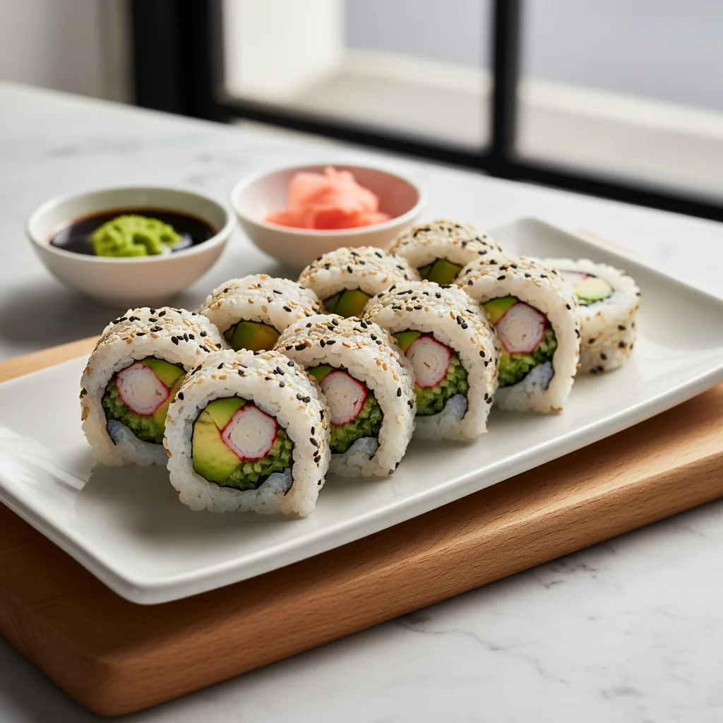 Sushi recipe with crab, avocado, and cucumber rolls served with soy sauce, wasabi, and pickled ginger on a white plate.