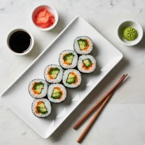 A top-down view of a plate of homemade veggie roll sushi, served with small bowls of soy sauce, wasabi, and ginger, illustrating an easy veggie roll recipe.