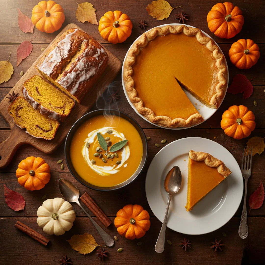 A person in a cozy sweater holding a dark mug of Pumpkin recipes Spice Latte, looking out a window at falling golden autumn leaves.