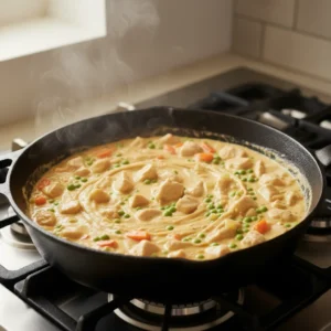 A cast-iron skillet of steaming hot and creamy chicken pie filling, with tender chicken chunks, peas, and carrots in a rich sauce.
