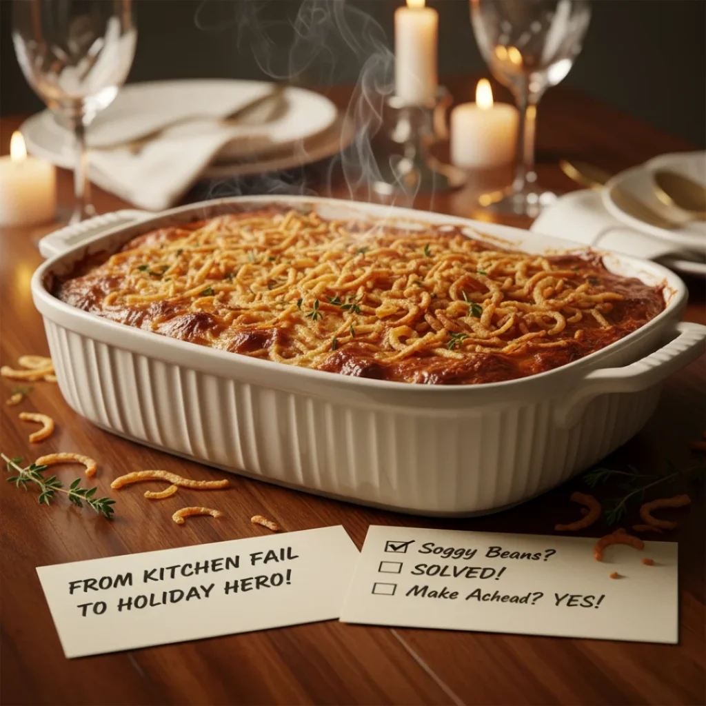 A hot, steaming homemade green bean casserole on a holiday table, with note cards in front that read "From Kitchen Fail to Holiday Hero!" and solve common problems like "Soggy Beans" and "Make Ahead".