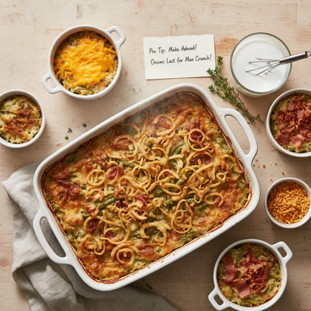 A top-down view of a homemade green bean casserole with bacon and cheese, surrounded by small ramekins showing variations (extra cheese, extra bacon) and a pro-tip note about making it ahead.
