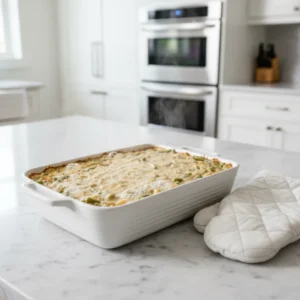 A steaming, hot, and bubbly homemade green bean casserole in a white baking dish, fresh from the oven and sitting on a marble counter next to an oven mitt.