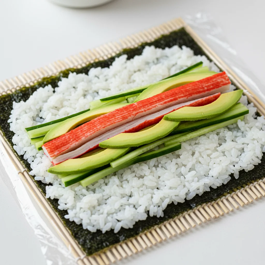 Adding the fillings for a California roll, including imitation crab, avocado, and cucumber, onto a layer of rice as part of a homemade sushi recipe.