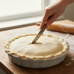 A hand cutting a steam vent into the top crust of an assembled homemade chicken pot pie before it goes into the oven.