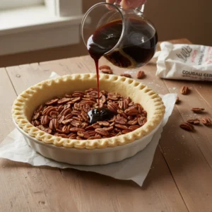 A hand pouring the dark, syrupy pecan pie filling mixture from a glass pitcher over a layer of whole pecans in a pre-baked pie crust.
