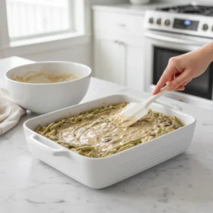 A hand using a white spatula to spread the creamy green bean casserole mixture evenly into a white 9x13 baking dish before it goes into the oven.